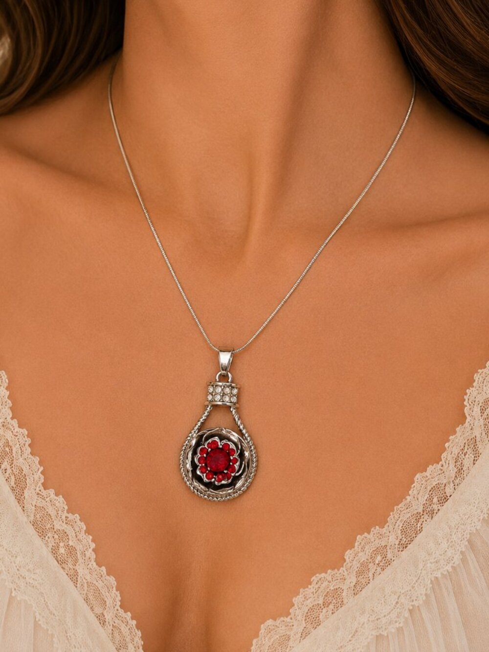 Sterling Silver Roped Snap Necklace Interchangeable Red Flower Yellow Topaz